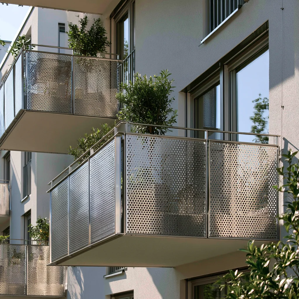 Balkone eines modernen Mehrfamilienhauses mit Edelstahl-Lochblechverkleidung