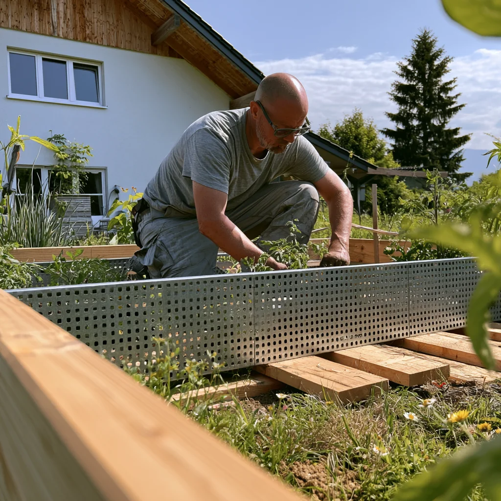 Ein Mann baut ein Hochbeet aus Lochblech im Garten
