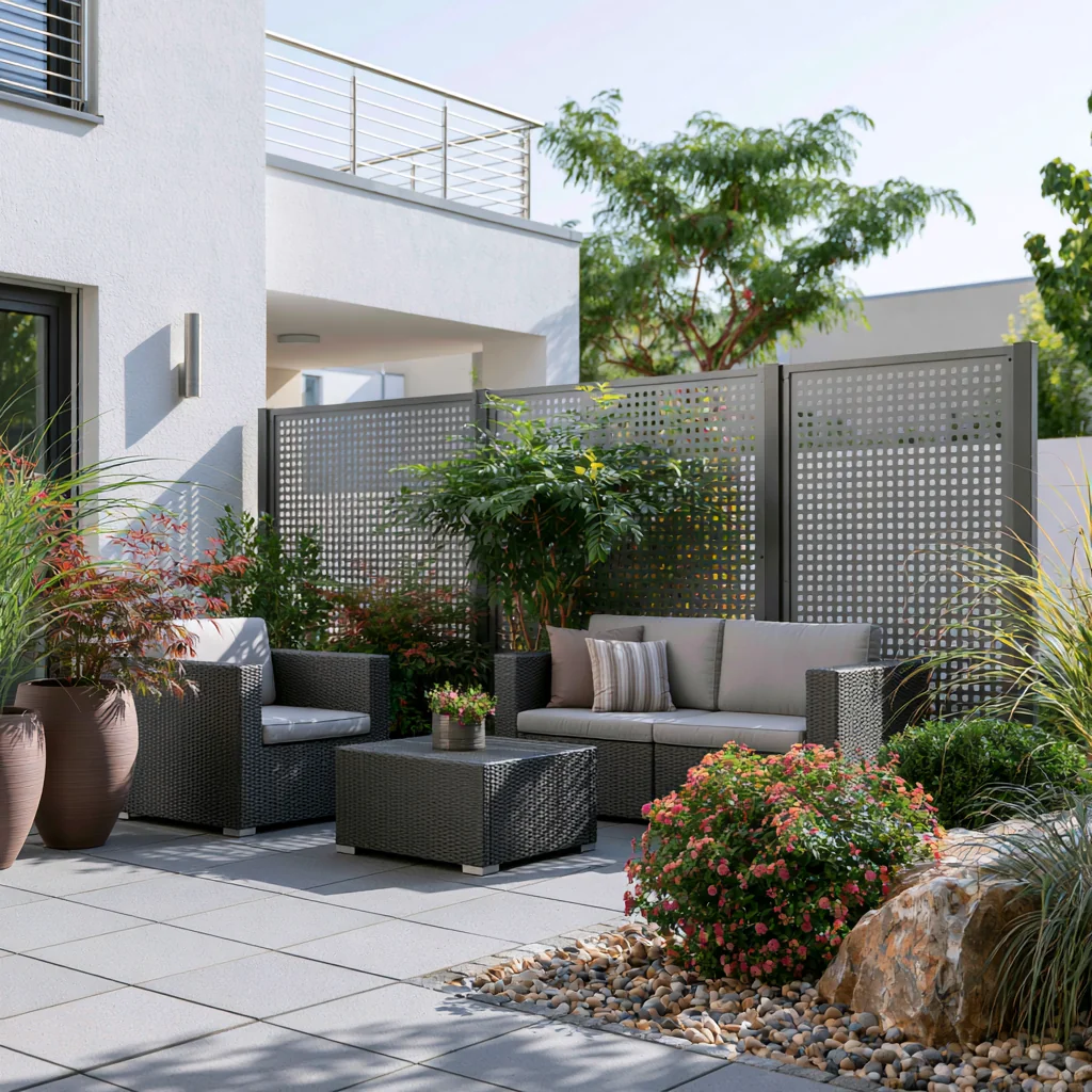 Moderner Sichtschutz aus grauem Lochblech an einer Gartenterrasse.